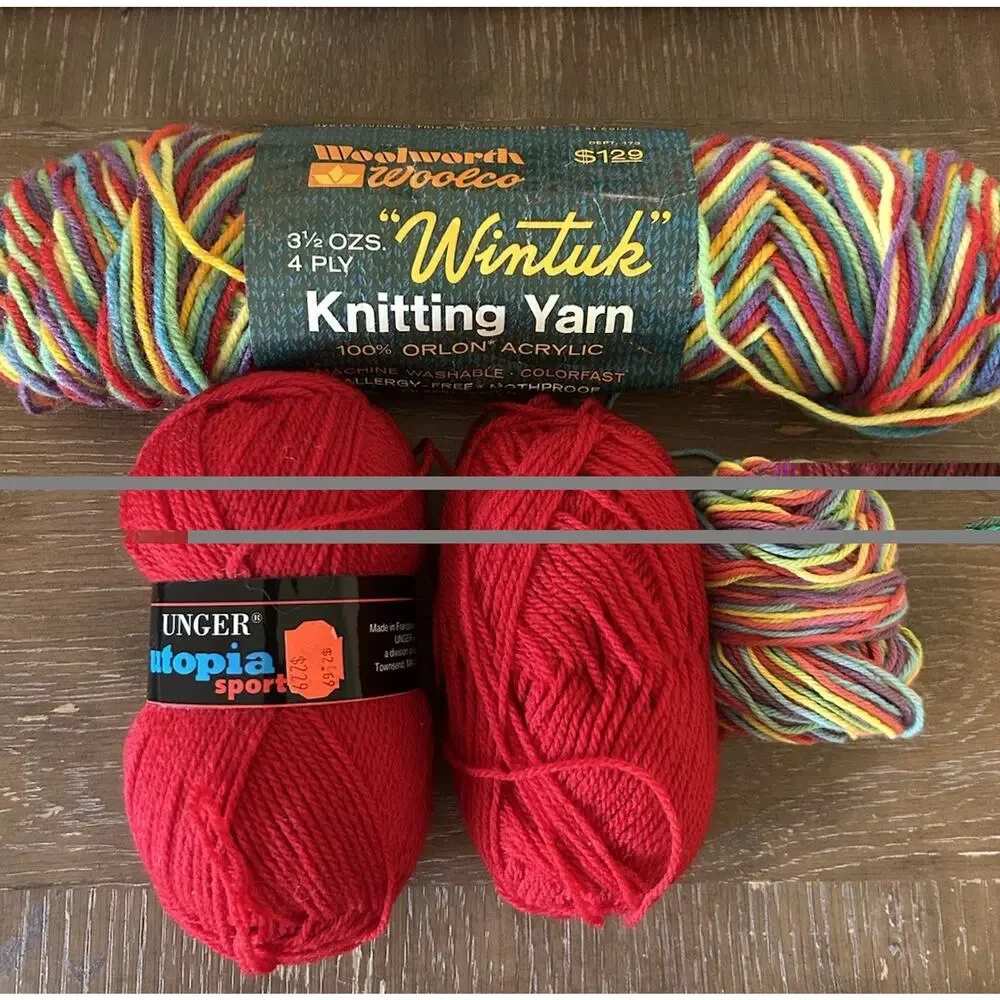 Vtg Mixed Lot Of Unger Yarn Skeins Variegated Rainbow Colors And Red, Acrylic